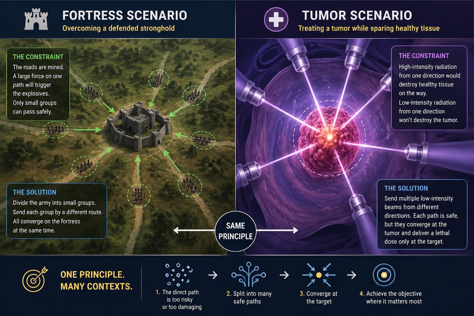 Fortress and tumor scenarios illustrating one convergence principle across two different contexts